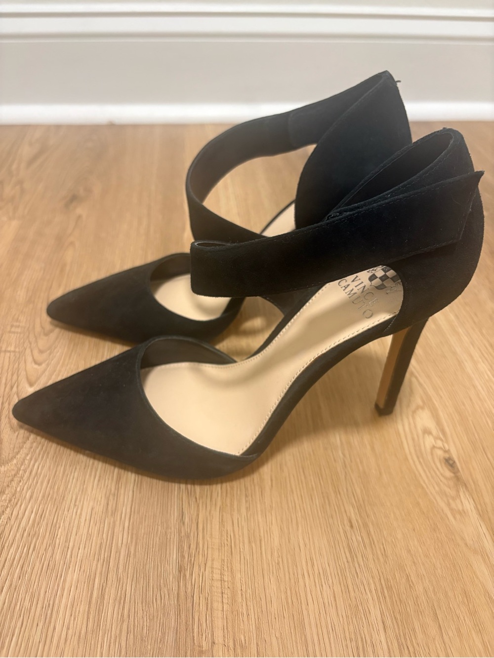 Vince Camuto Black Pointed Toe Ankle Strap Suede Pumps - Picture 2 of 5